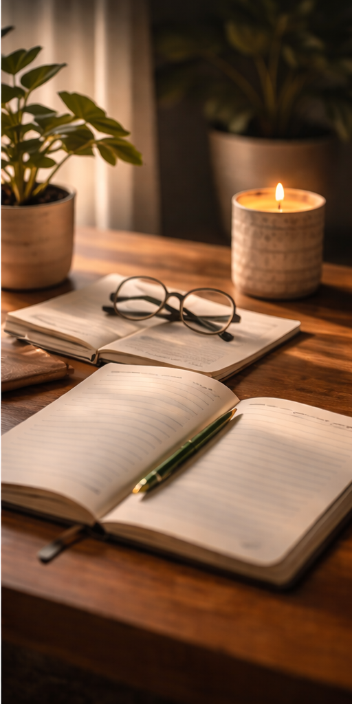Open notebook with a pen on a wooden desk, glasses on another open notebook, potted plants, and a lit candle in a decorative holder.