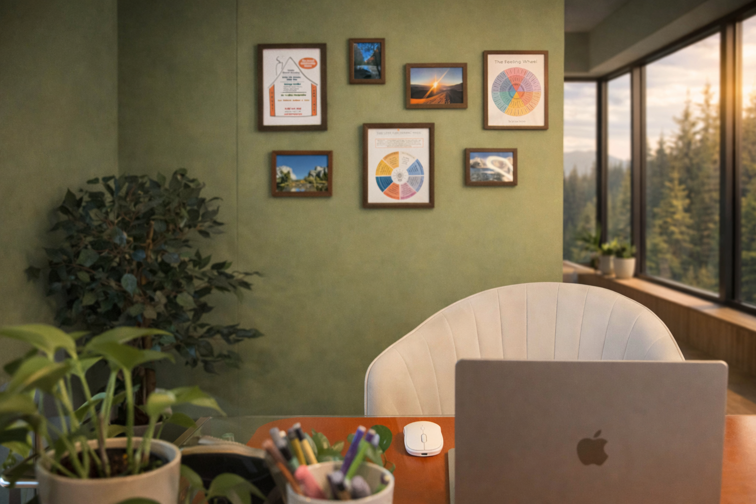 Home office with green wall, framed art, and window view of trees, with a desk, plants, and an open MacBook.