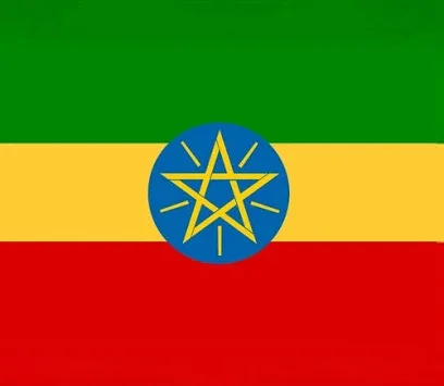 Flag with green, yellow, and red horizontal stripes and a blue circle with a yellow star and lines in the center.