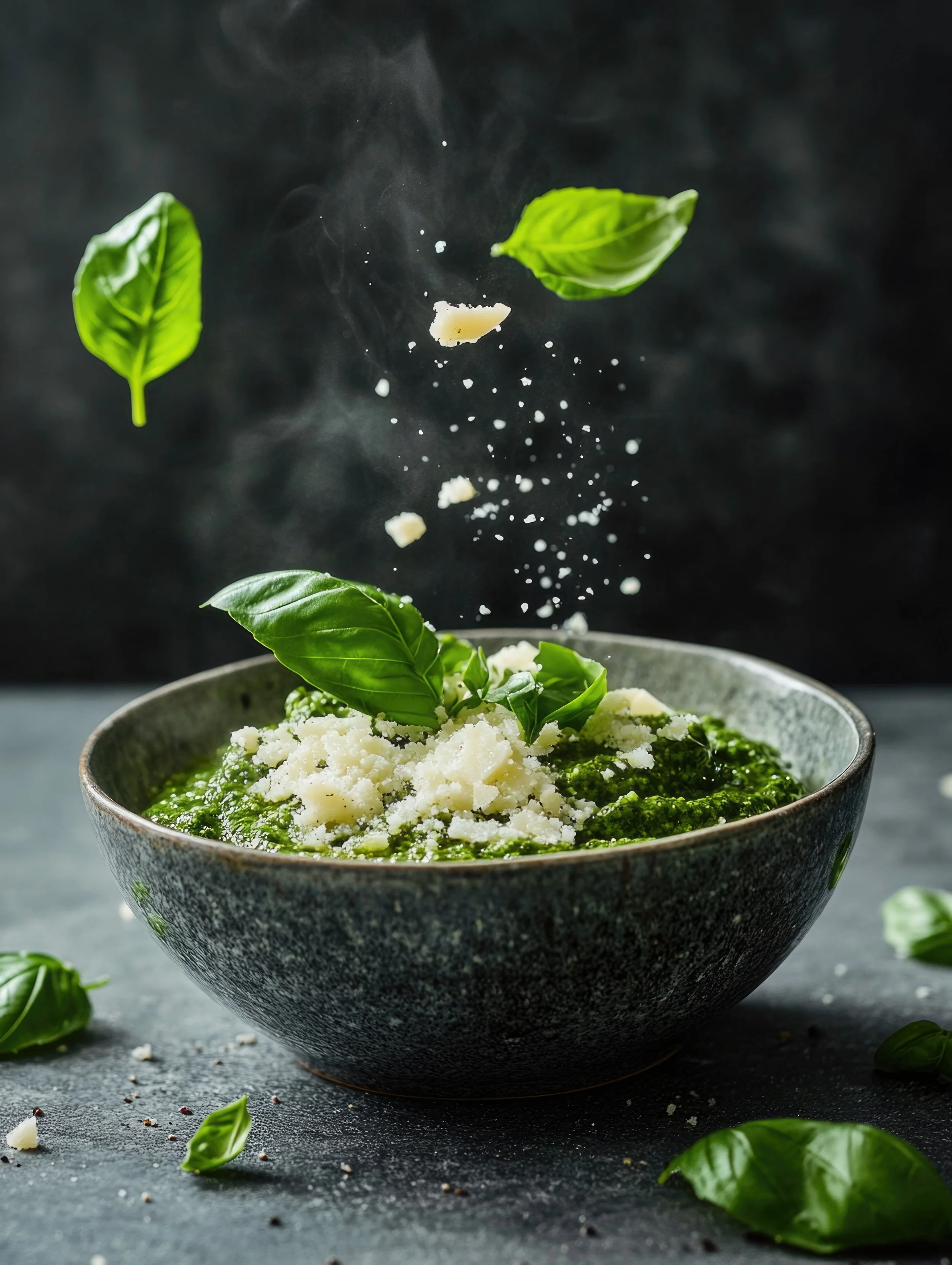 Fresh basil leaves being sprinkled with grated cheese over a bowl of pesto, with some leaves scattered around on a dark surface.