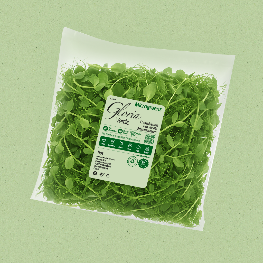 Fresh microgreens in a clear plastic bag with a white label, on a light green background.