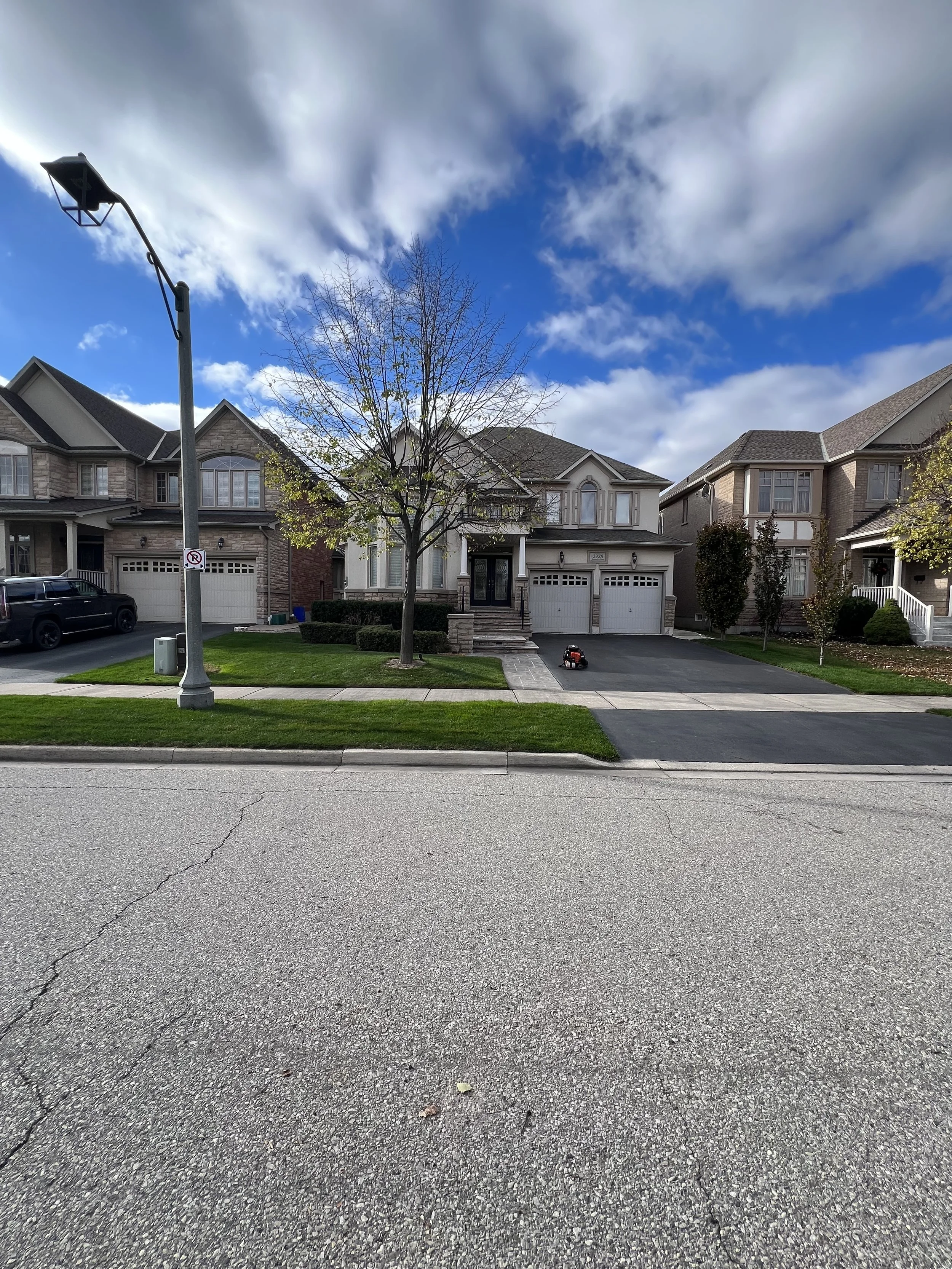 A suburban residential street view with two-story houses featuring brick facades, manicured lawns, and leafless trees. There is a street lamp, a no parking sign, a parked black vehicle, and a small toy car on a driveway. The sky is partly cloudy with