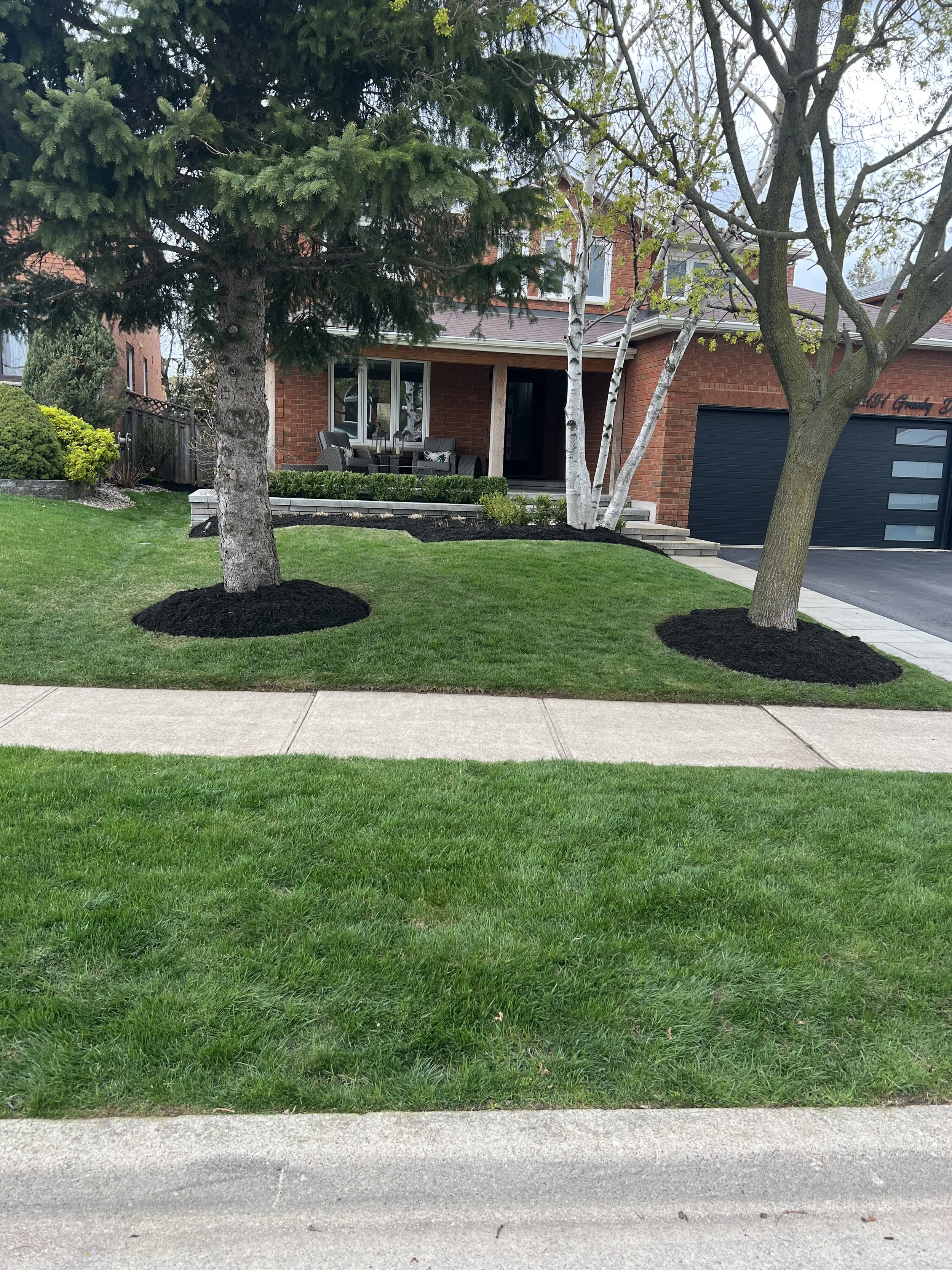 Front yard of a residential house with well-maintained green grass, three trees with black mulch around their bases, a concrete sidewalk, and a brick house with a porch, outdoor furniture, and a black garage door.