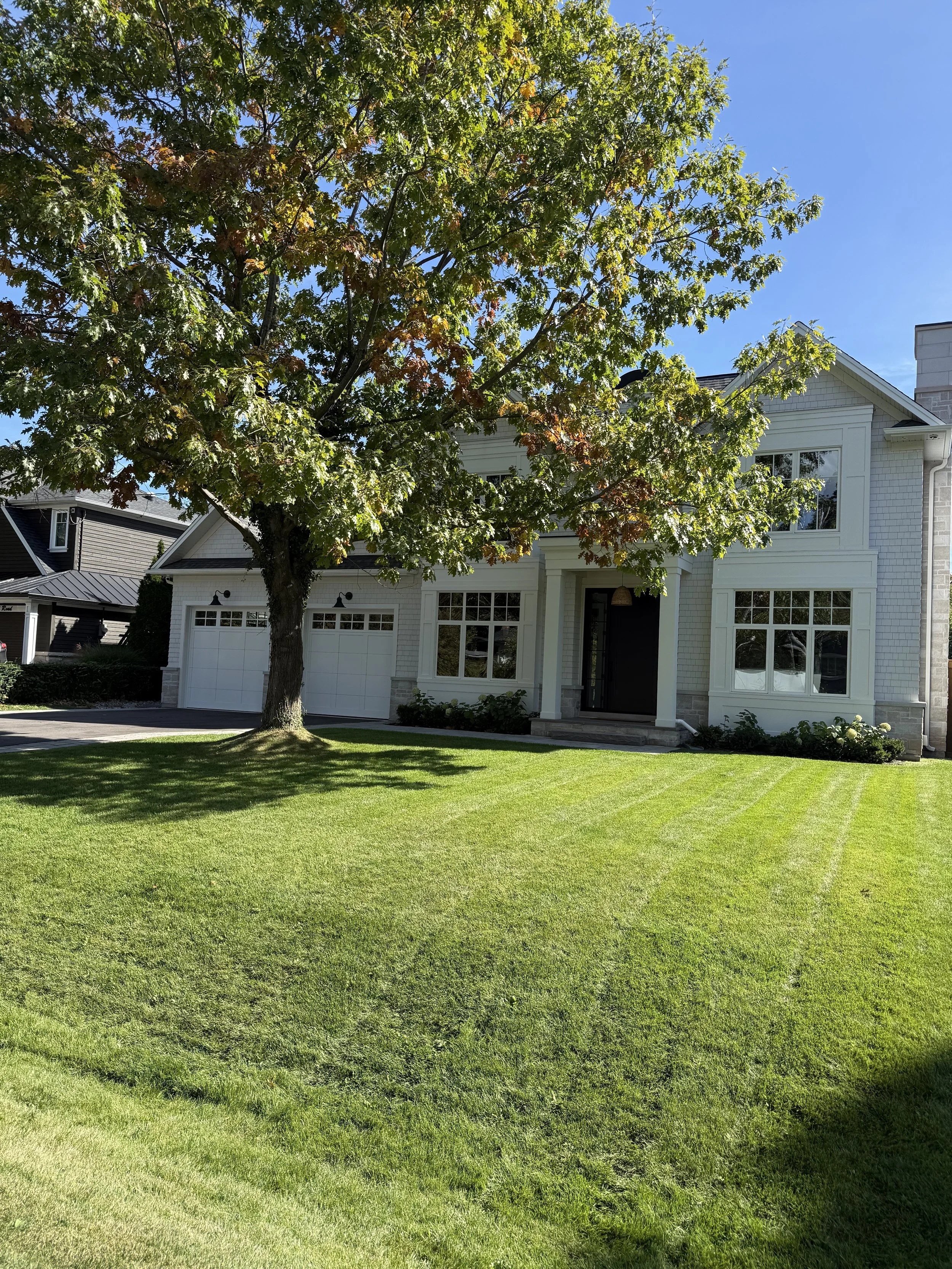 A white house with a large front lawn and a big tree casting shade, under a clear blue sky.