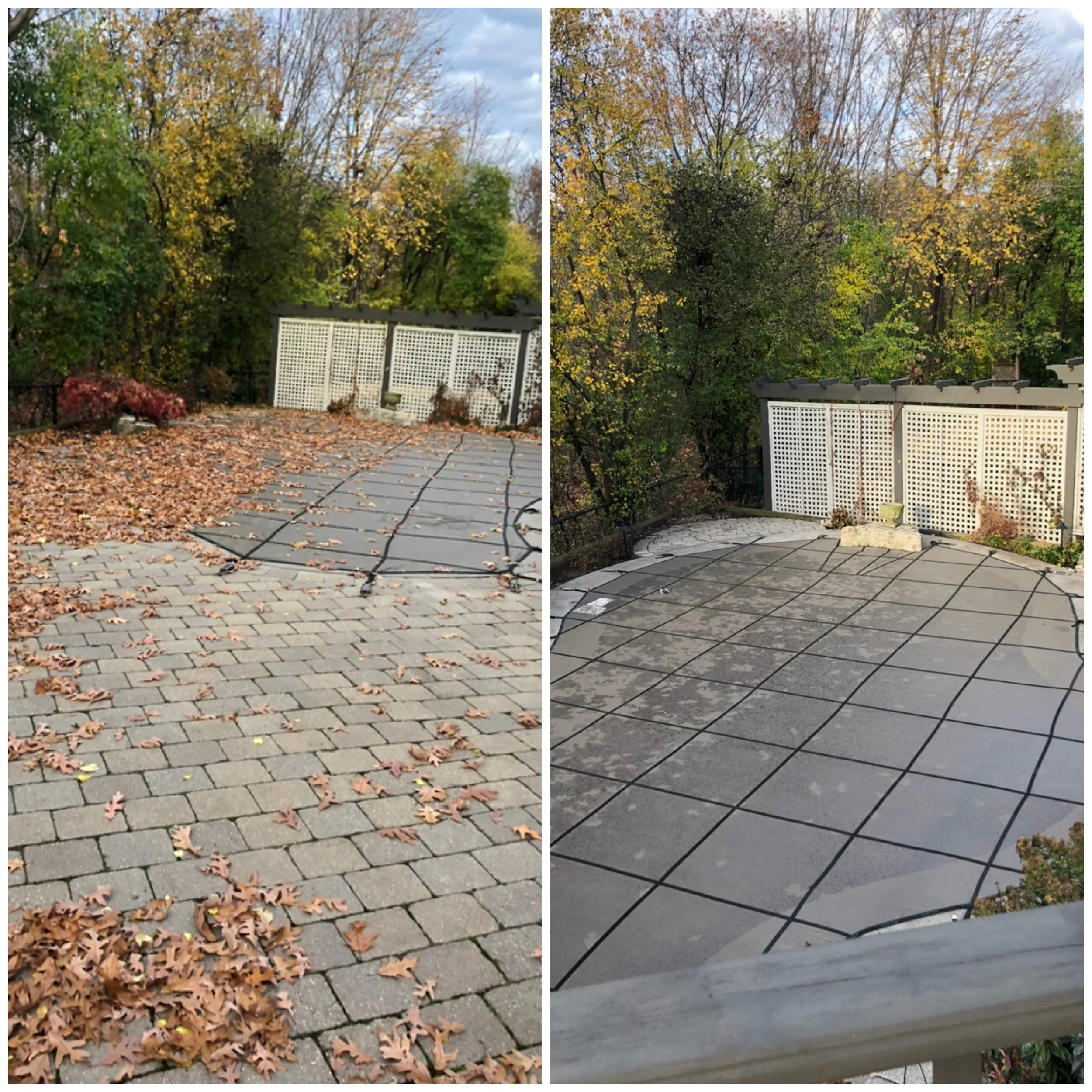 Comparison of a patio before and after leaf and debris removal. The left side shows a brick-paved patio covered with fallen leaves, while the right side shows the same patio cleaned and cleared of leaves with a new grid pattern on the surface.