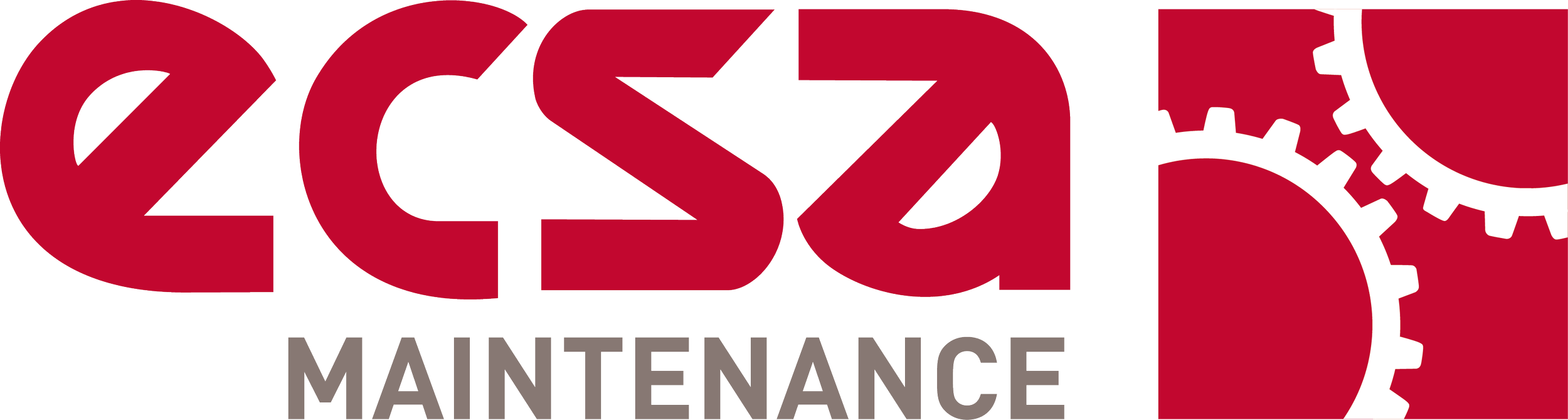 Das Logo von ECSA Maintenance, bestehend aus rot, schwarz, grau Farben mit Zahnrädern, Text und einem technischen Design.