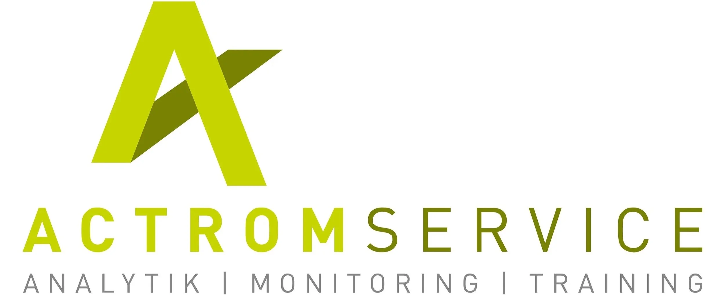 Logo von Actrom Service mit einem stilisierten grünen Buchstaben A und Text darunter, der Dienstleistungen im Bereich Analytik, Monitoring und Training anbietet.