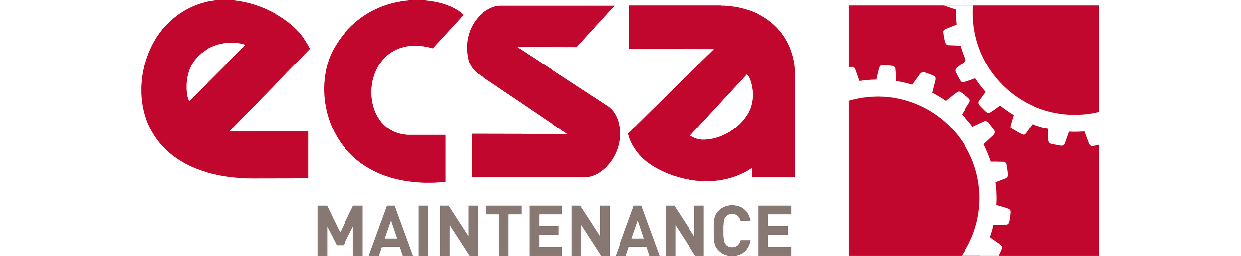 Logo von ECSA Maintenance mit roten und grauen Schriftzug und Zahnrad-Symbol.