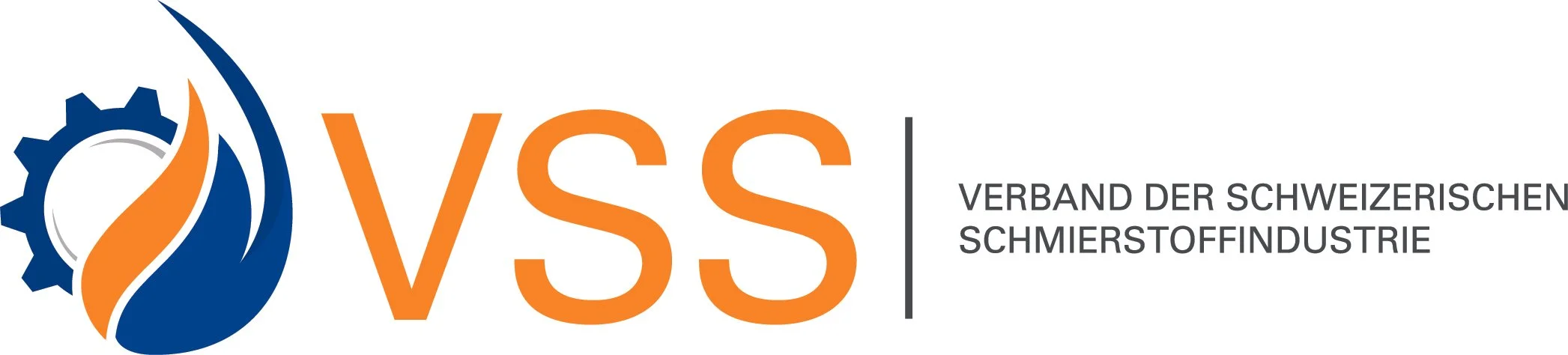 Logo des Schweizerischen Verbands der Schmierstoffindustrie (VSS), bestehend aus einem blauen Zahnrad mit orangefarbener Flamme und dem orangefarbenen Schriftzug "VSS" neben schwarzer Text "Verband der Schweizerischen Schmierstoffindustrie".