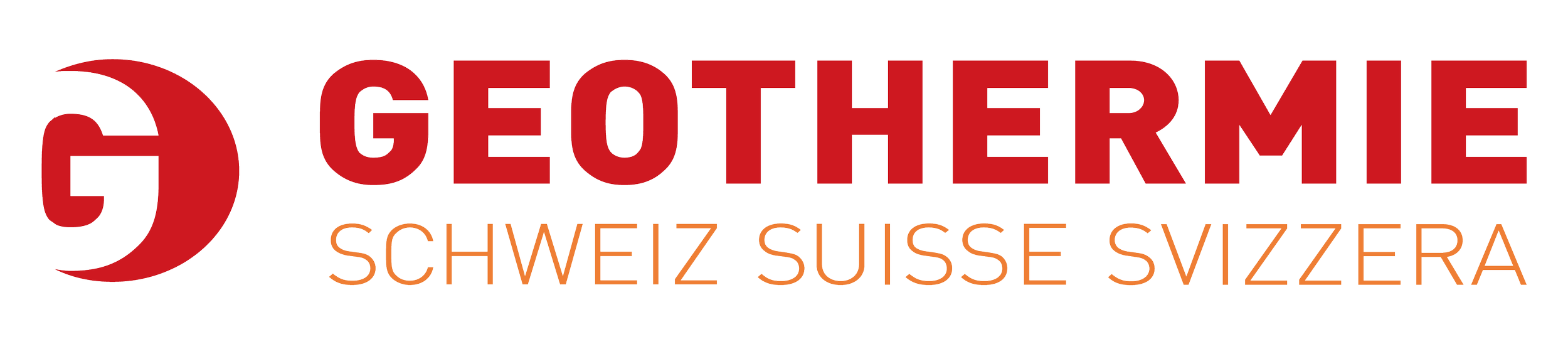 Das Logo von Geothermie Schweiz mit einer roten Erdsichel und den Worten 'GEOTHERME SCHWEIZ SUISSE SVIZZERA' in Rot und Orange.