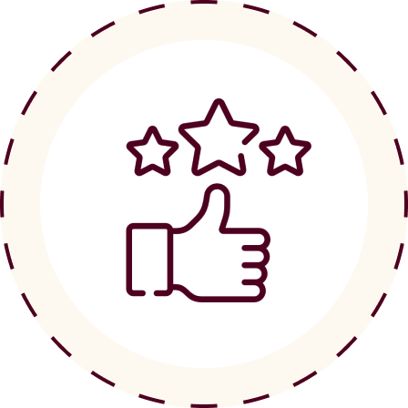 Icon with three stars above a thumbs-up symbol, all in purple on a white circular background.