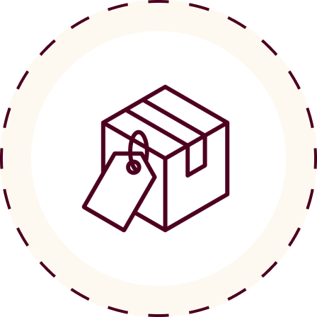 Line drawing of a cardboard box with a hanging price tag.