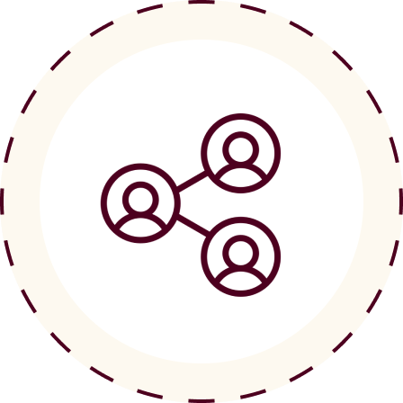 Icon of three connected people, representing a network or social connection.