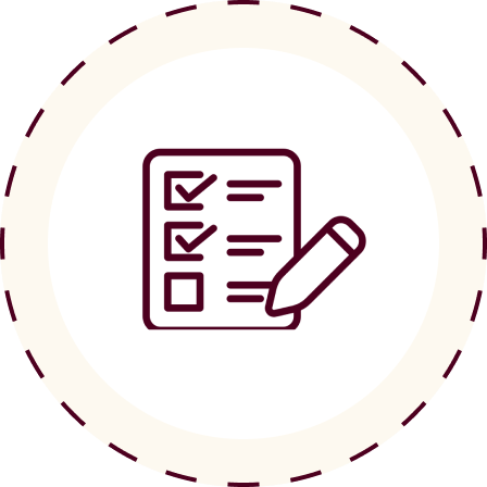 Icon of a checklist with a pen on a white background.
