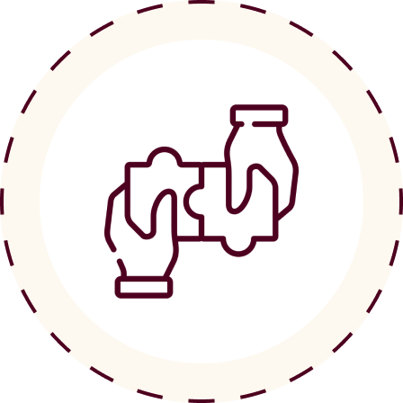 Two outline drawings of hands holding bottles, depicted in a collaborative gesture.