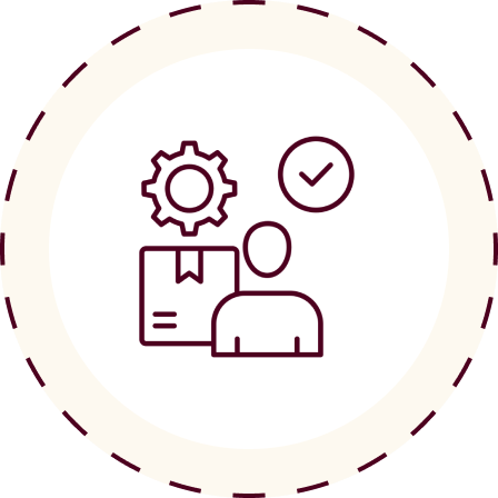 Icon of a person with a medal, a checkmark, a gear, and a document