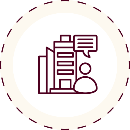 Icon of a cityscape with a person and a speech bubble.