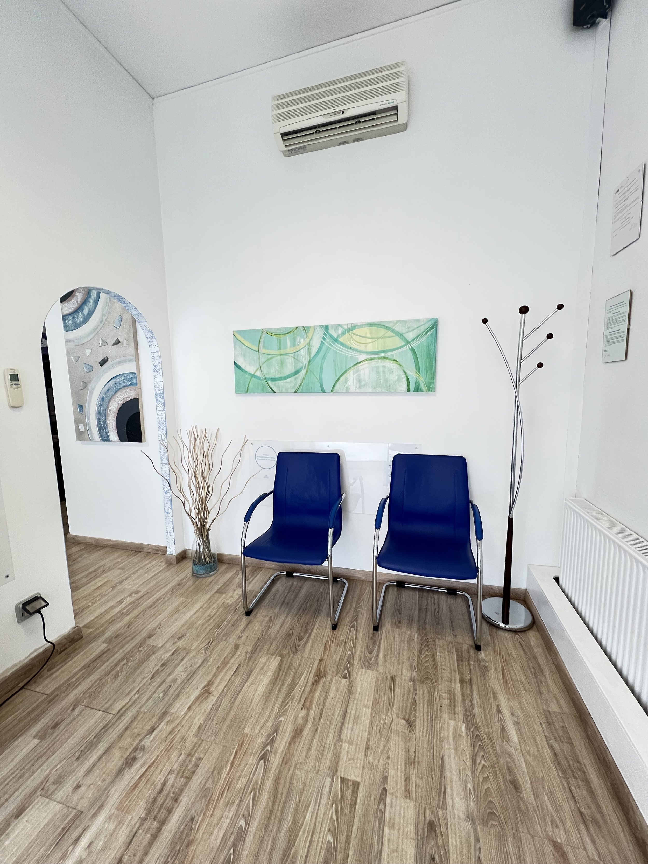 Sala d'attesa con due sedie blu, decorazioni minimaliste, un quadro astratto verde, un vaso con rami, una lampada moderna, condizionatore e radiatore.