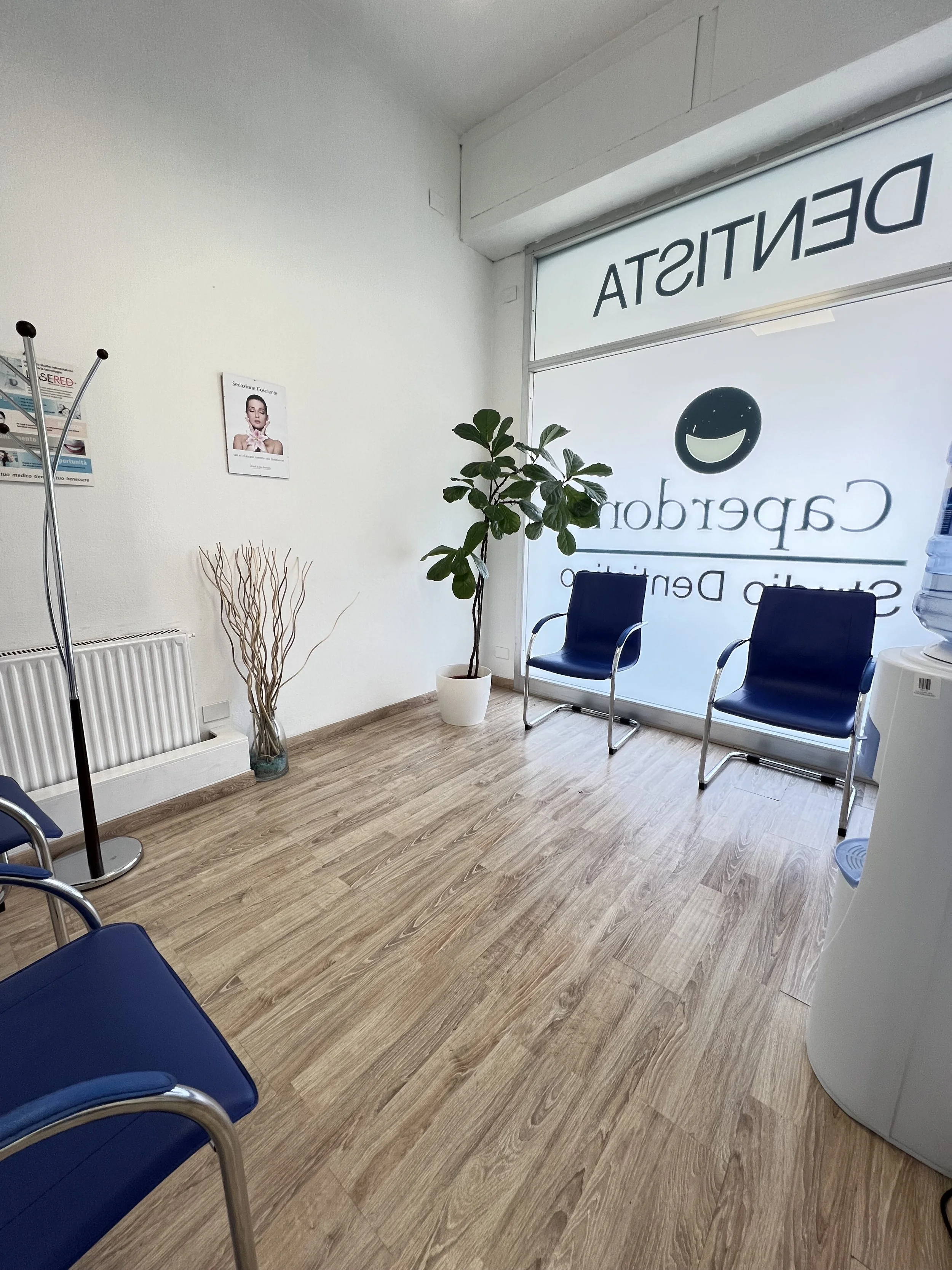 Sala d'attesa in uno studio medico con sedie blu, una pianta verde in vaso bianco, un vaso con rami secchi, una parete bianca, una finestra con scritte e logo, e un distributore d'acqua.