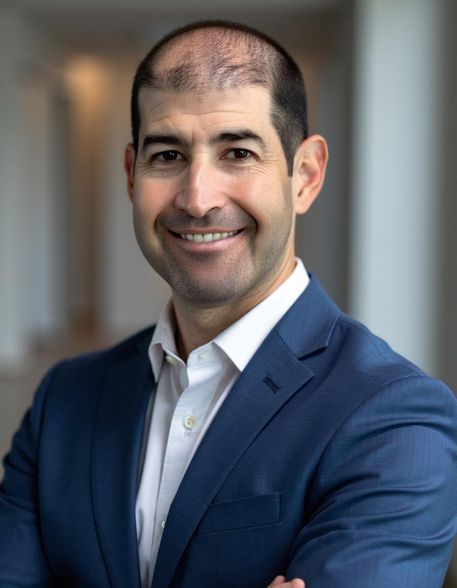 A man with short dark hair, dressed in a white collared shirt and a dark blue blazer, smiling confidently in an indoor setting.