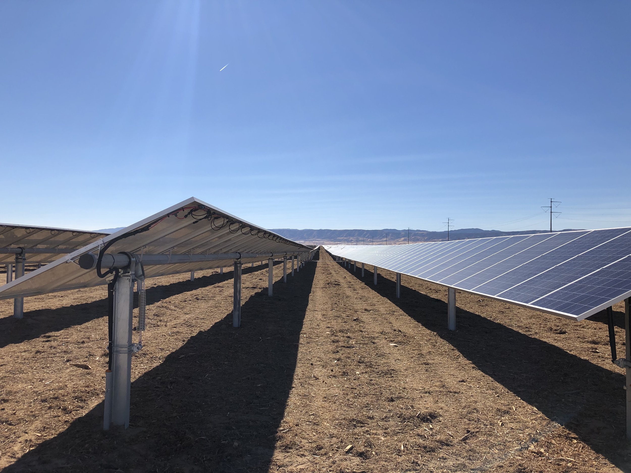 Solar panels arranged in rows in a sunny, open field with mountains in the distance. New York solar project by Revamp Engineering. 
