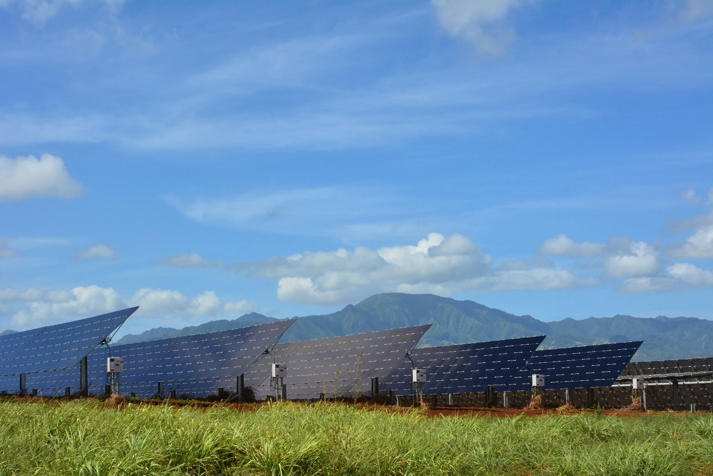 Solar panels installed on grassy field with mountains and partly cloudy sky in the background. Revamp Engineering Hawaii Solar and storage project