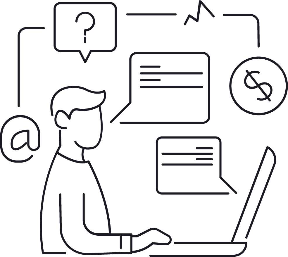 Line drawing of a person sitting at a laptop, surrounded by icons including chat bubbles, a dollar sign, an at symbol, and a speech bubble with a question mark, representing online communication and finance.