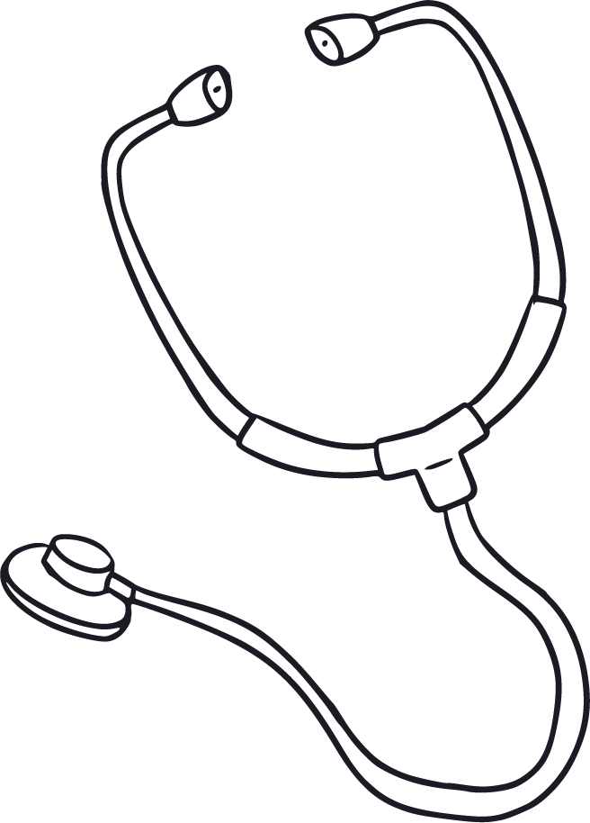 Outline drawing of a pair of stethoscope with dual earpieces and tubing