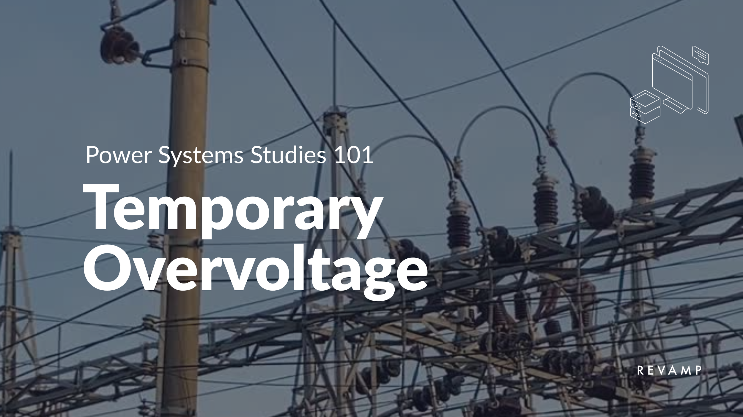 Electric power transmission towers and wires against a sky background with text overlay about power systems and overvoltage.