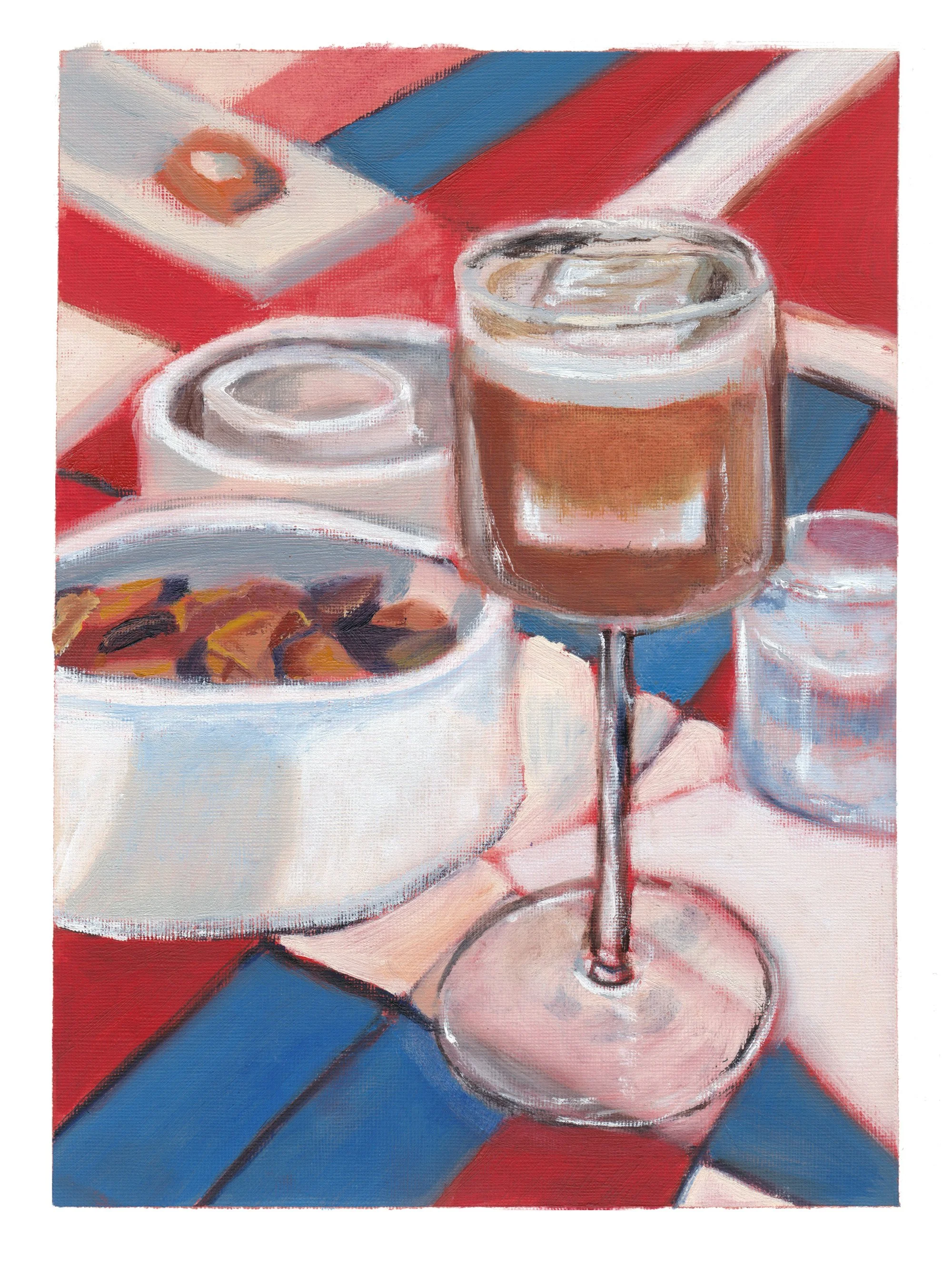 Aperitivo at La Roqqa (Porto Ercole), 2025 / Oil on paper / 9 x 12 in