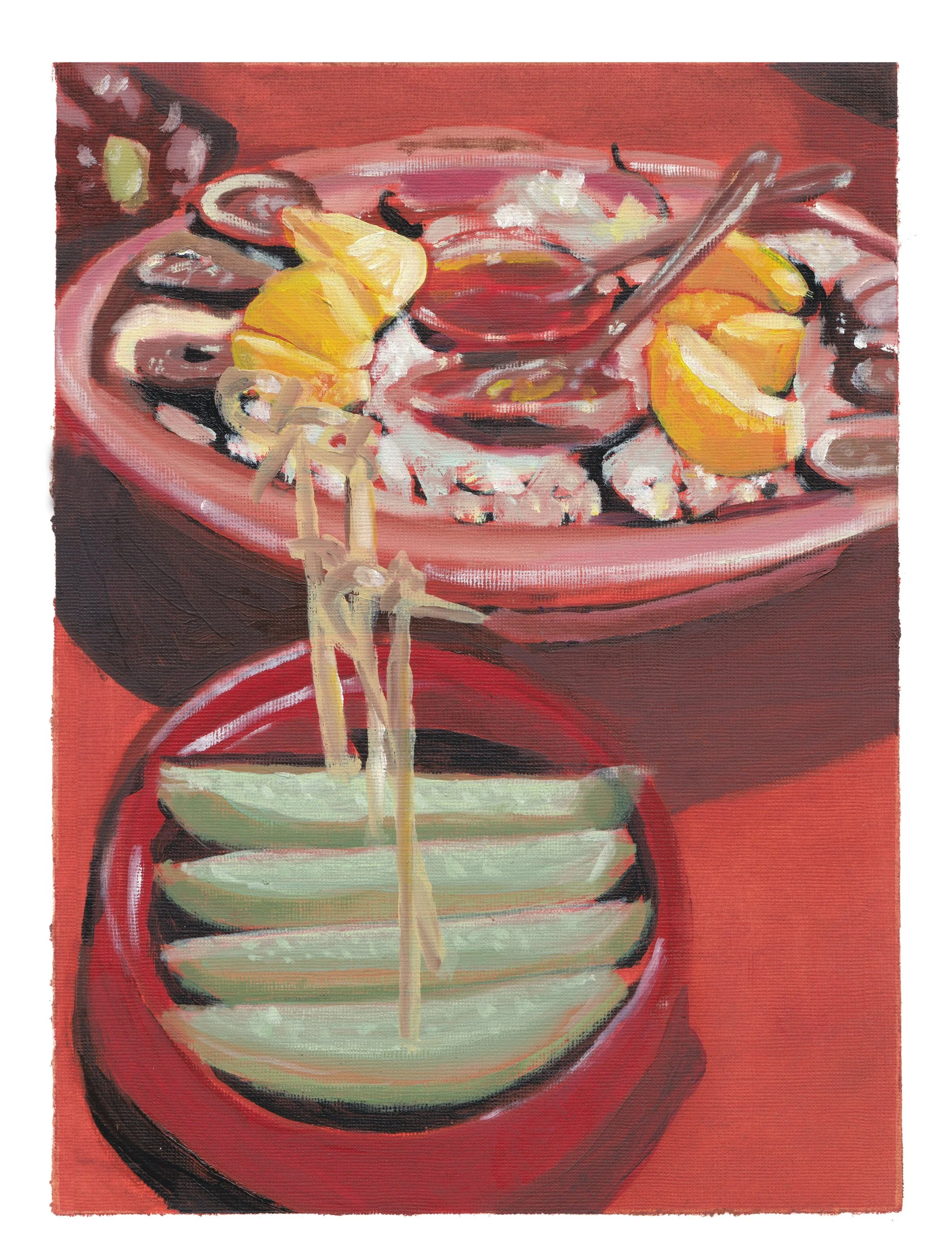 Dinner at Paris Paris (Toronto), 2025 / Oil on paper / 9 x 12 in