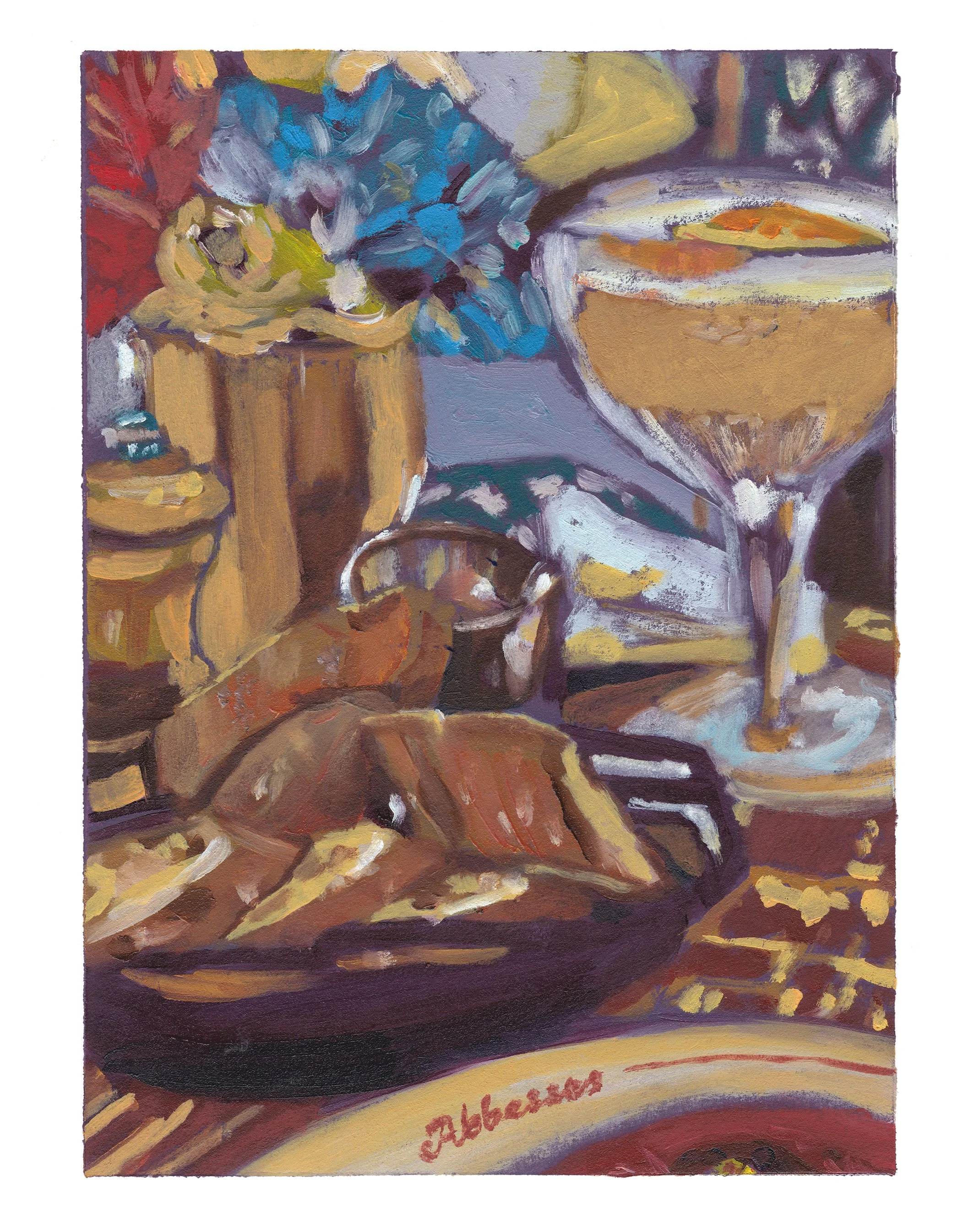 Dinner at Le Vrai Paris (Paris), 2025 / Oil on paper / 9 x 12 in