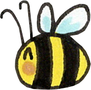 Cartoon bee with black and yellow stripes, white wings, and a smiling face