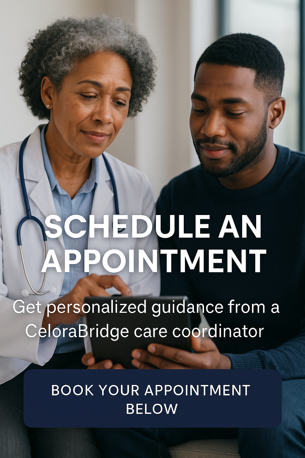 A healthcare professional, possibly a doctor, showing a tablet to a young man. Both are seated and smiling gently. The professional wears a white coat and has a stethoscope around her neck. The image promotes scheduling an appointment with a healthcare coordinator.