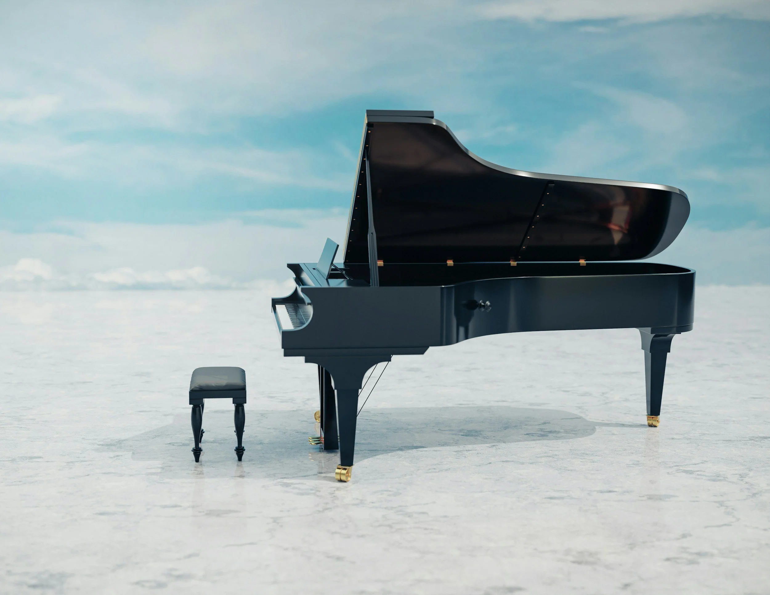 black grand piano on white stone marble