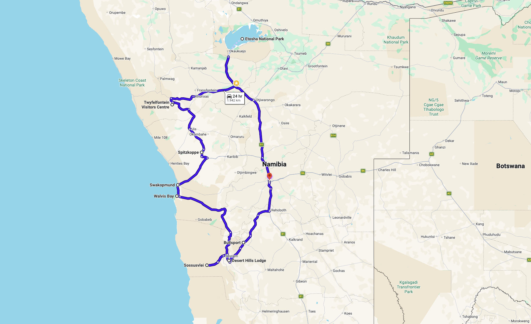 Namibia 4x4 roadtrip itinerary map