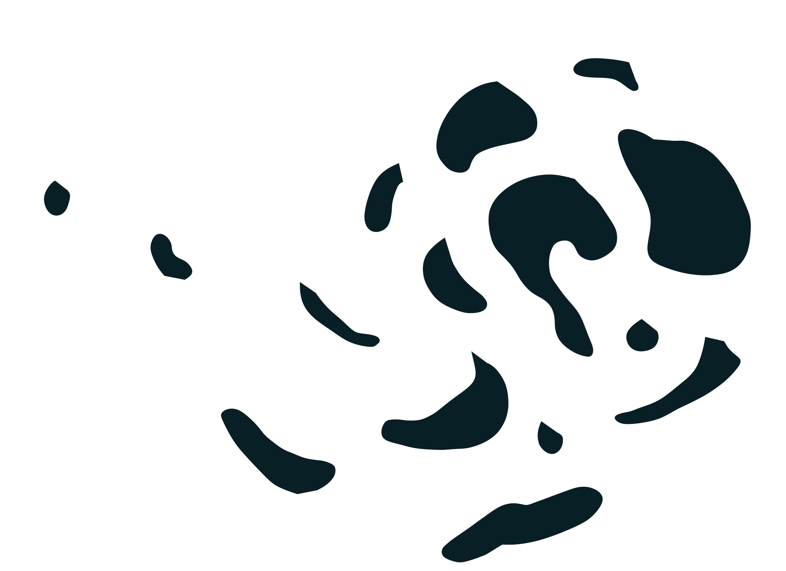 Black background with scattered irregular dark blue shapes.