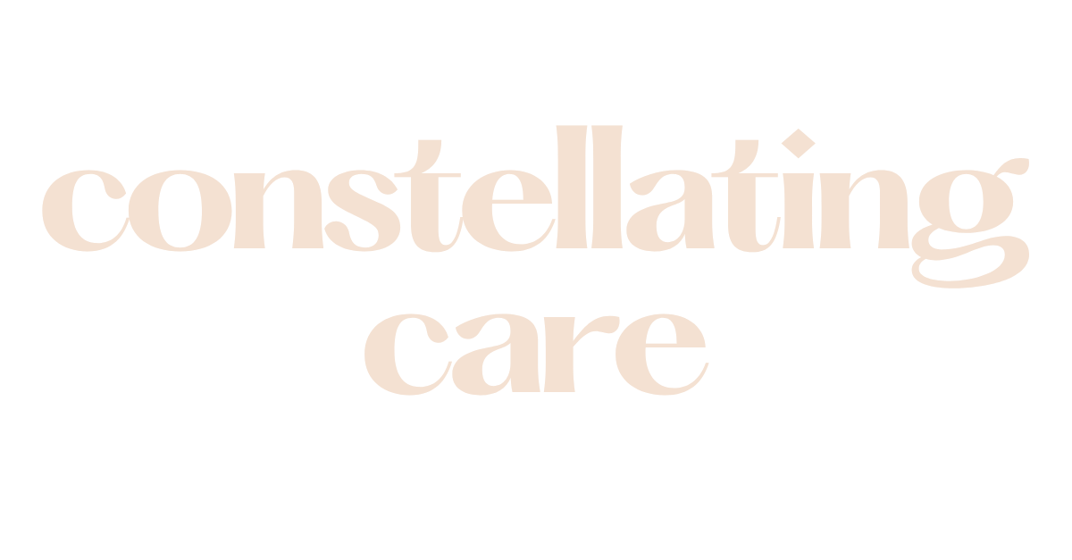 Text in a graphic that says "constellating care" in large, beige font on a black background.