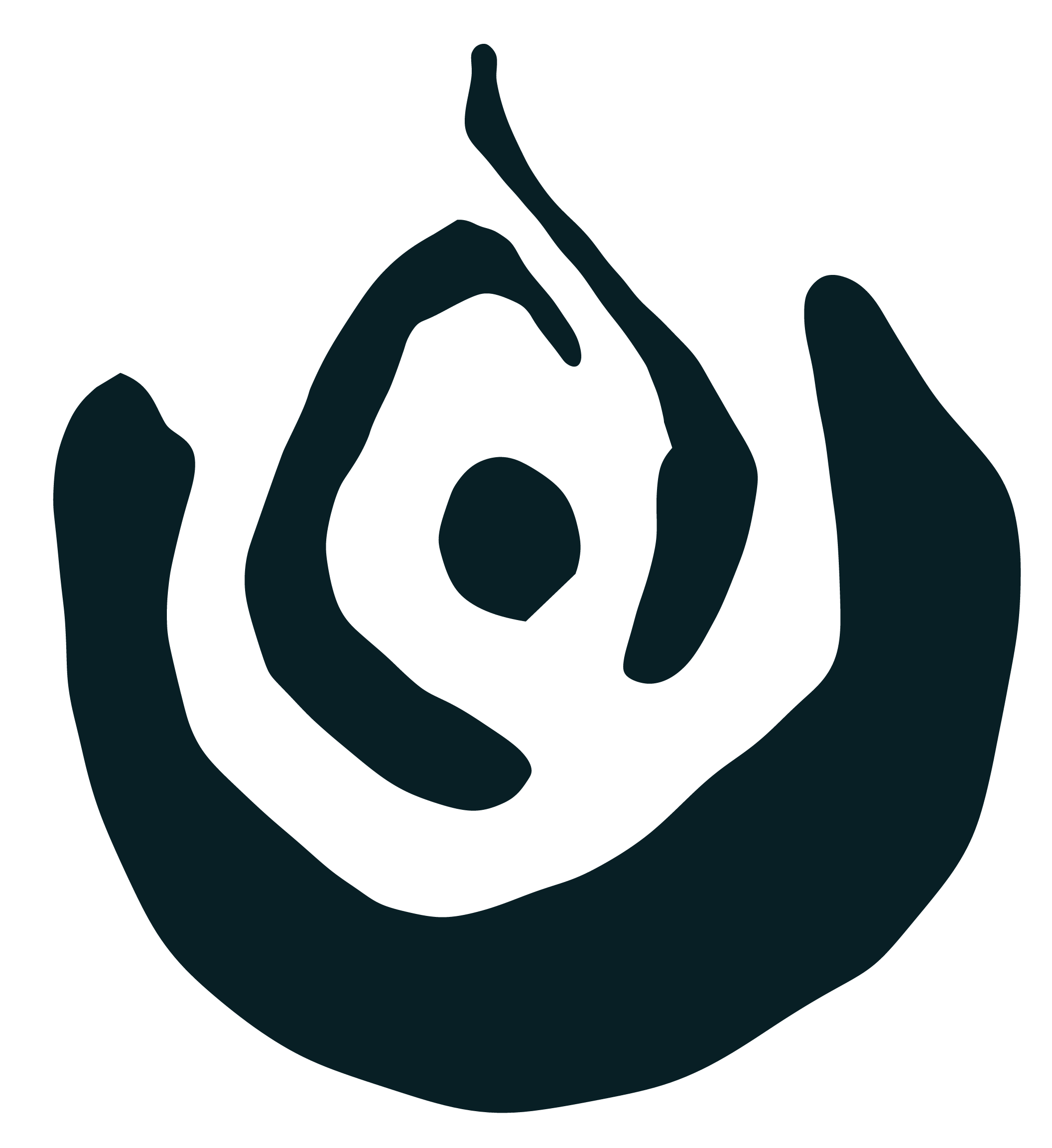 Minimalist black shape holding some abstract elements in its middle.