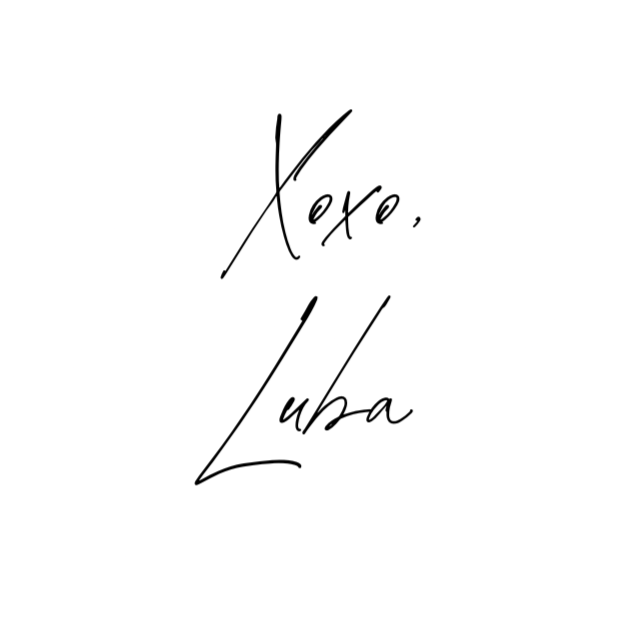Handwritten message saying 'Xoxo, Luba' with a minimalist style.