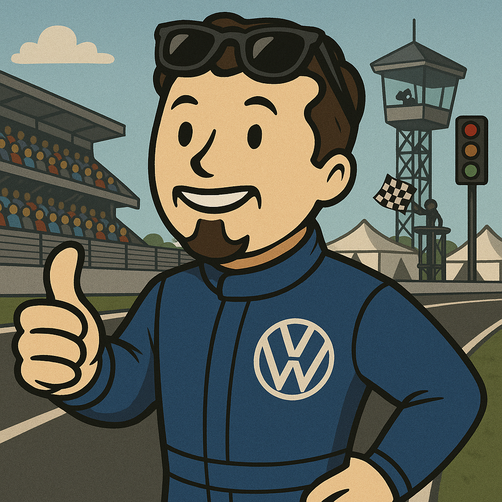 Cartoon illustration of a man with sunglasses on his head, smiling and giving a thumbs-up, wearing a blue racing suit with a Volkswagen logo on the chest, at a race track with spectators, flags, and a traffic light.