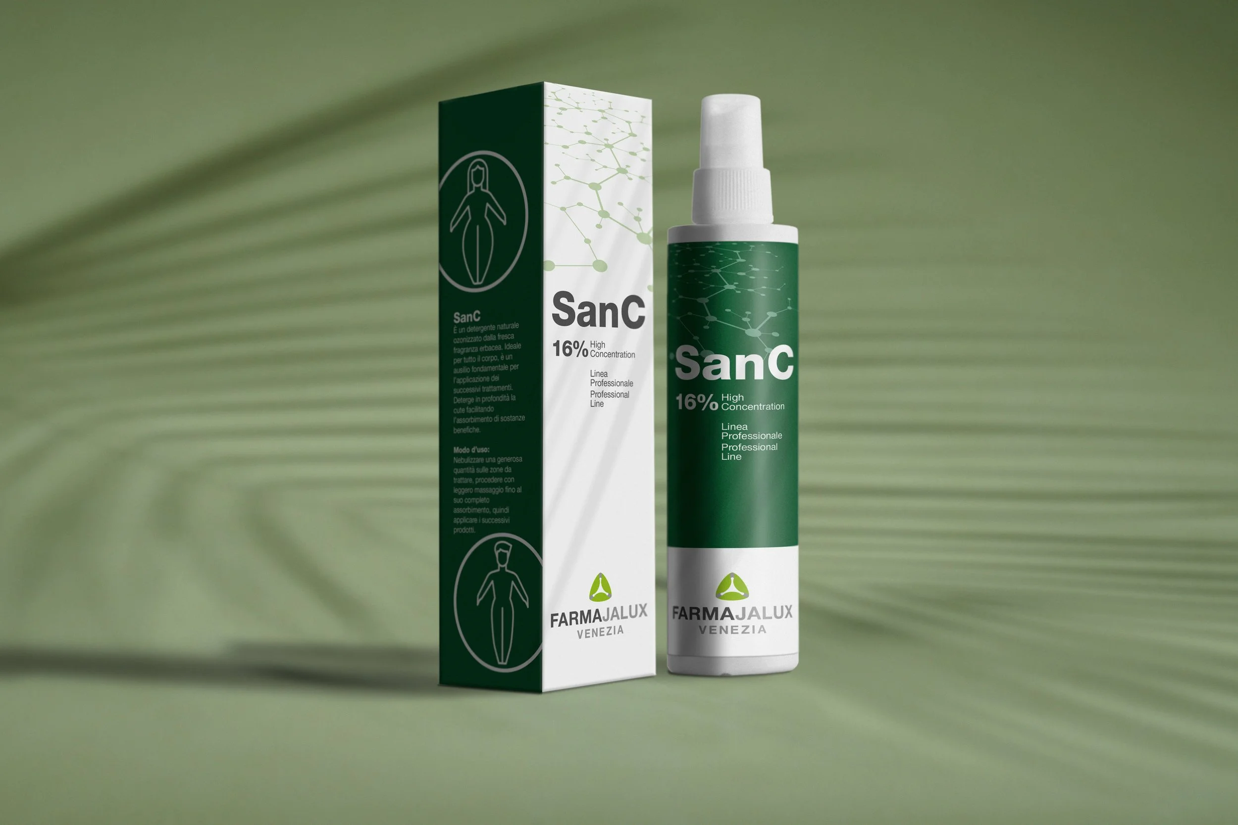 Bottiglia e confezione di gel disinfettante per le mani SanC con concentrazione al 16%, targhetta verde scuro, logo di Farma Jalux Venezia, sfondo verde con ombra proiettata.