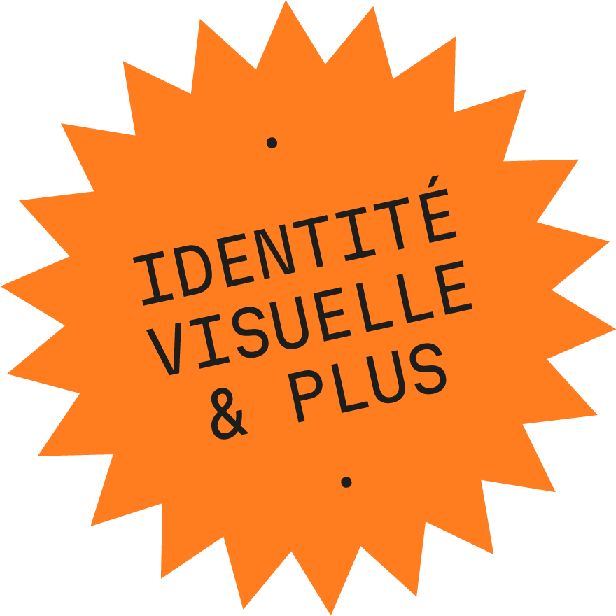 Étiquette orange en forme d'étoile avec le texte « Identité Visuelle & Plus »