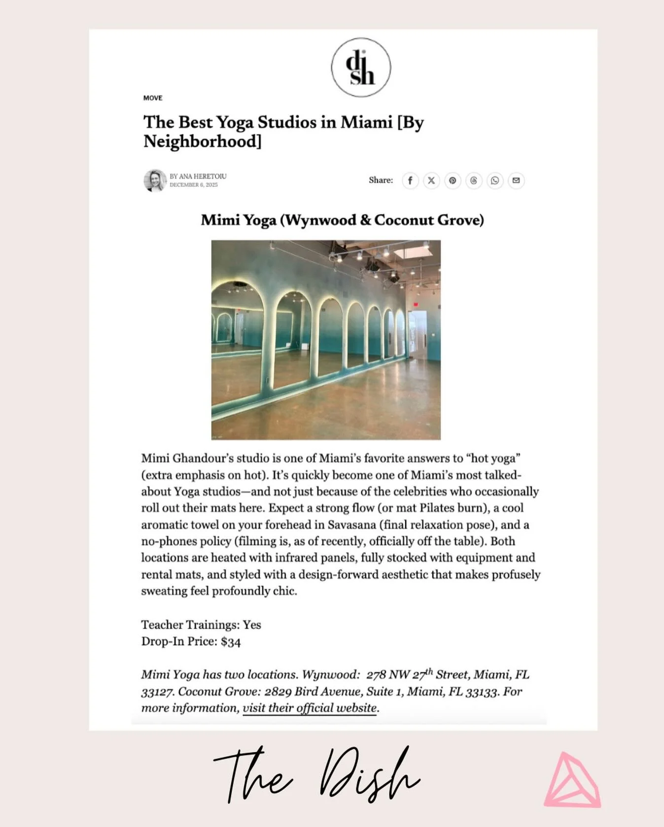 @mimiyogastudio is featured in @dish.miami as one of Miami&rsquo;s Best Yoga Studios (no surprise there!)

From their infrared-heated studios - Wynwood &amp; Coconut Grove - to that &ldquo;design-forward aesthetic that makes profusely sweating feel p