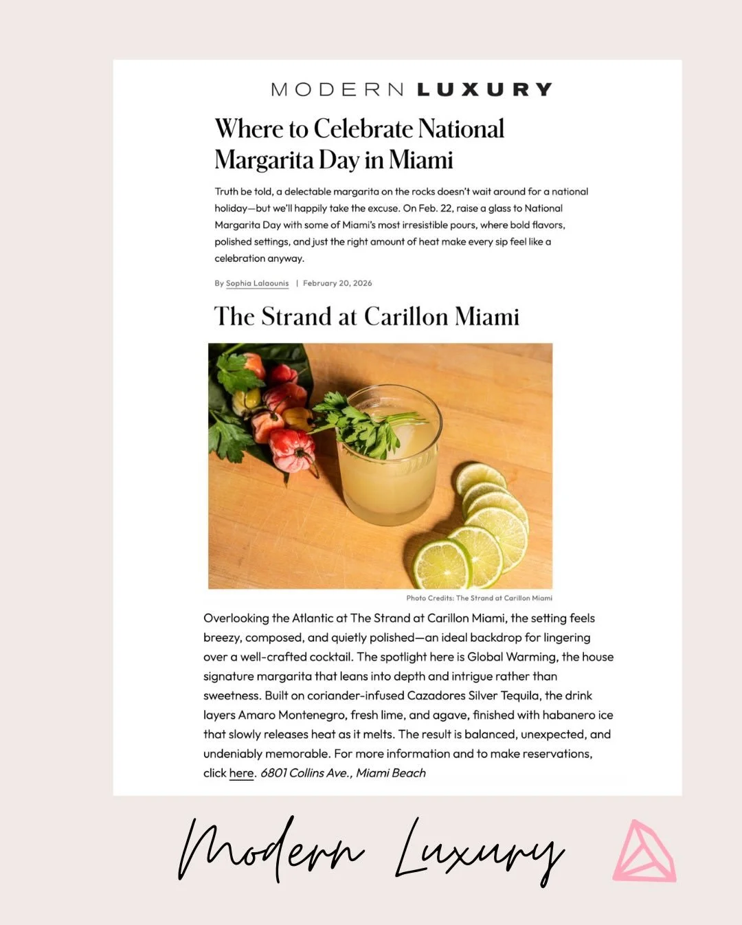 The ONLY Global Warming we can get behind. 

Celebrate National Margarita Day, today, February 22, at @thestrandmiami at @carillonhotel by sipping on Global Warming, their signature margarita.