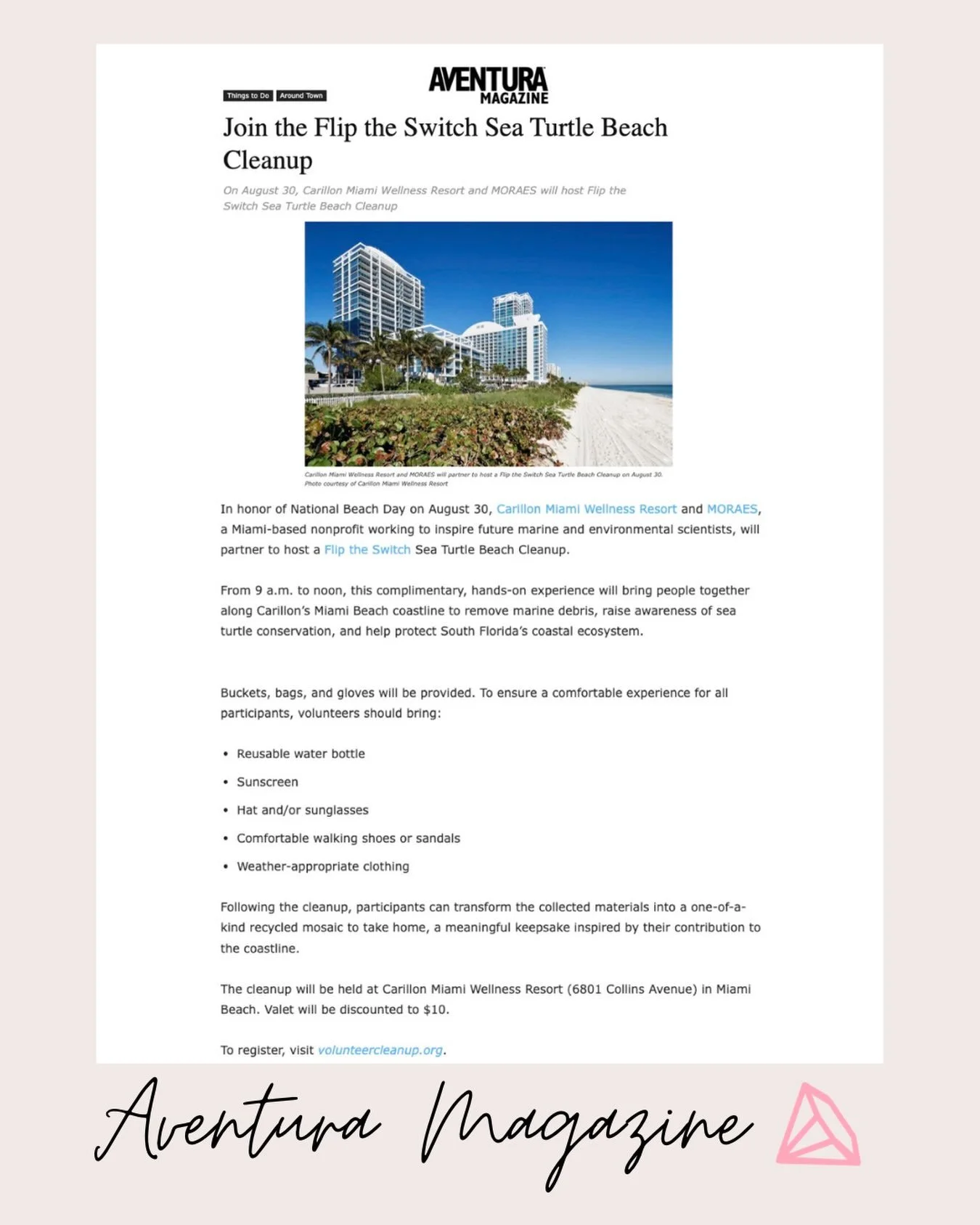 Your weekend plans: In honor of National Beach Day 🏝️on Sunday, August 30, @carillonhotel and MORAES are partnering to host the Flip the Switch Sea Turtle Beach Cleanup🐢.

The free, hands-on event will bring volunteers together along Carillon&rsquo