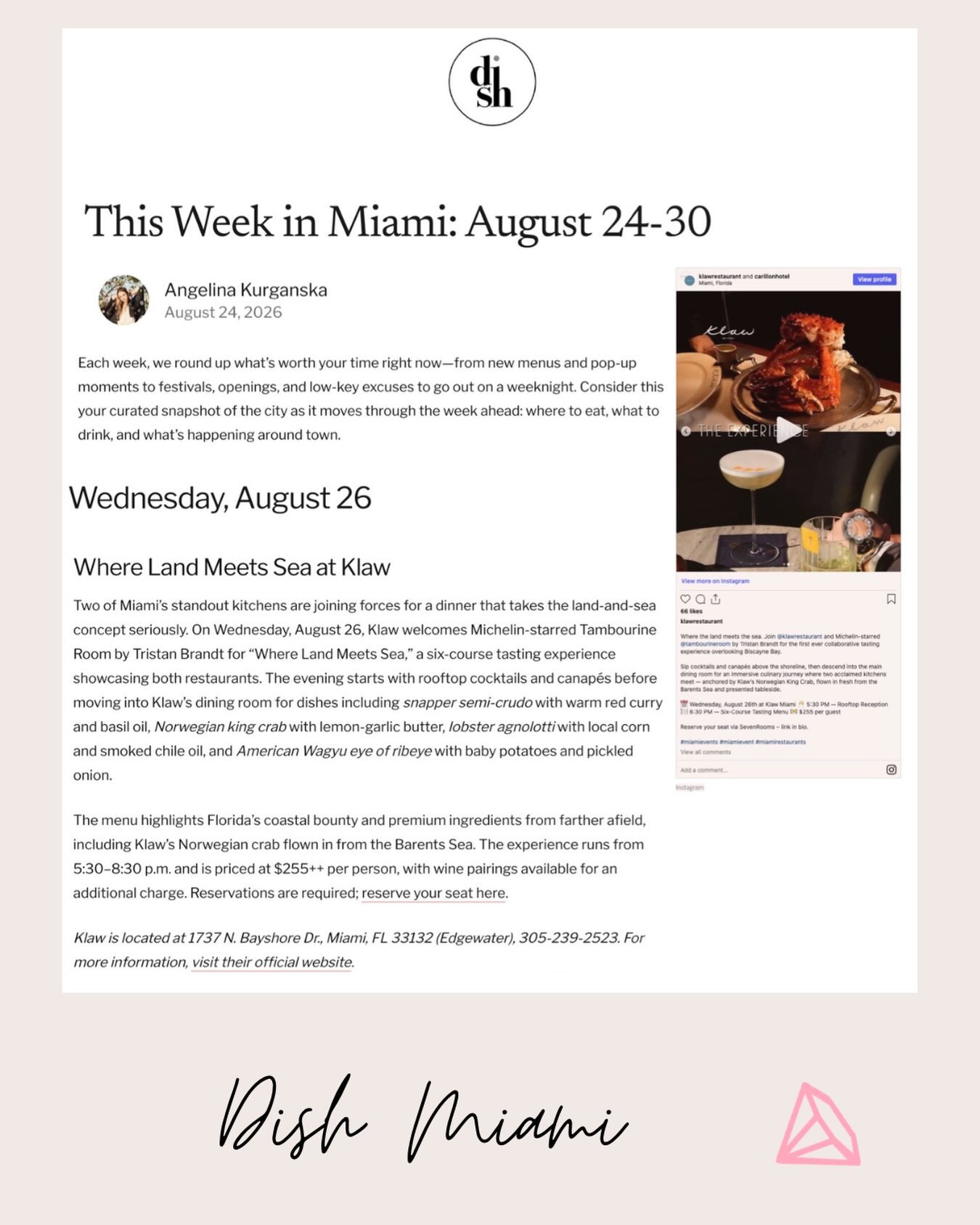 Two of Miami&rsquo;s standup kitchens are joining forces tomorrow night. @tambourineroom joins @klawrestaurant for &lsquo;Where Land Meets Sea,&rdquo; a six course collaboration dinner overlooking Biscayne Bay. 

Featuring Norwegian king crab flown i