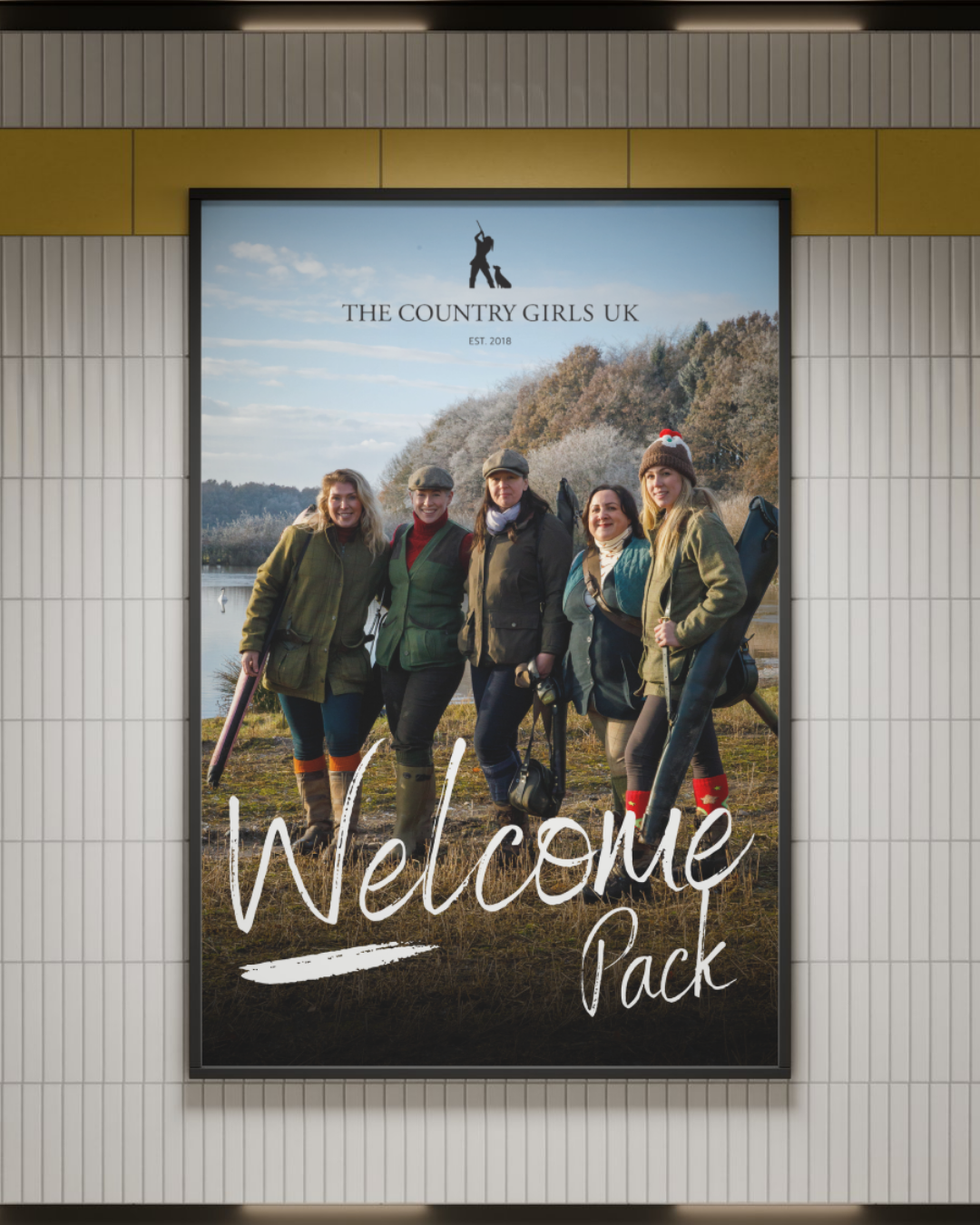 A poster showing five women dressed for outdoor activity standing near a lake with trees in autumn. The poster includes the text 'Welcome Pack' and 'The Country Girls UK, Est. 2018'.