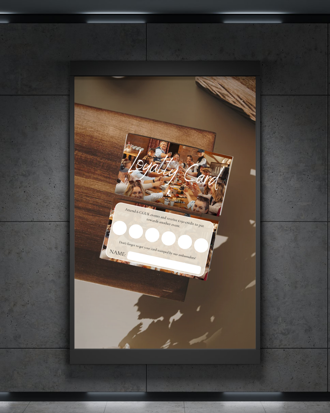 Digital advertisement for a loyalty card featuring a group of people dining together in a restaurant.