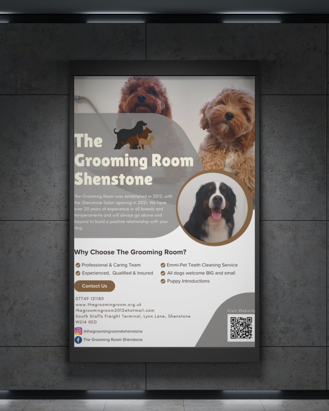Poster advertising The Grooming Room in Shenstone with images of three dogs and details about the grooming services.